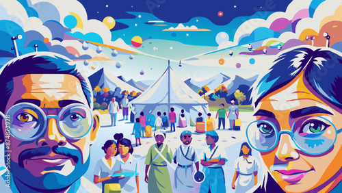 Vibrant Festival Scene with Illustrated Faces in Foreground