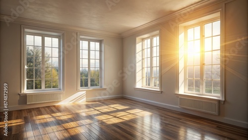 A serene, minimalist, empty room with soft, warm light streaming in, illuminating calm, grayish-white walls, evoking peaceful ambiance background.