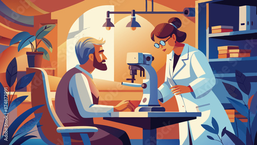 Senior Man Receiving an Eye Exam from Female Optometrist in Clinic