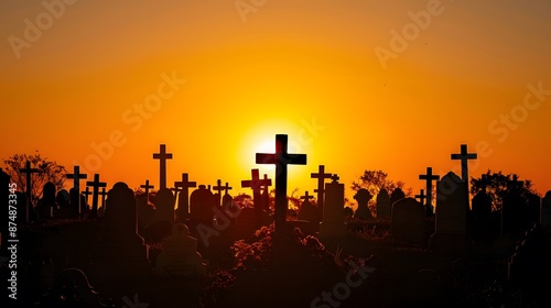 Picturesque sunset over a vast cemetery with numerous tombstones © irawan