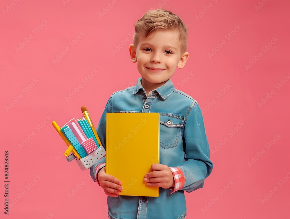 Cheerful young boy with school supplies on a pink background, front view, yellow book in hand, clean and minimalistic, text space. Cheerful young boy with school supplies on a pink background, front view, yellow book in hand, clean and minimalistic, text space.