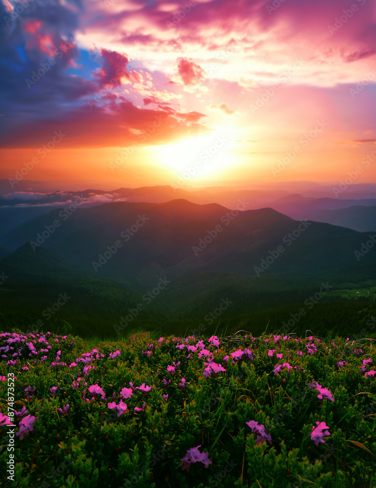  blooming pink rhododendrons flowers, amazing panoramic nature scenery, Carpathian mountains, border Ukraine and Romania, Europe	