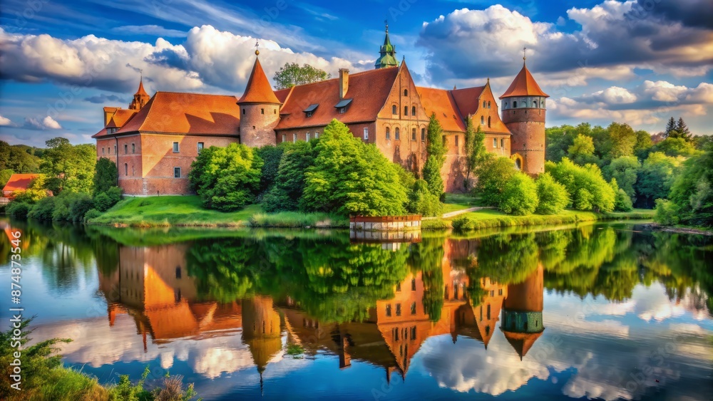 Historic red brick castle surrounded by lush greenery and serene lake waters in Olsztyn, northeastern Poland's picturesque landscape.