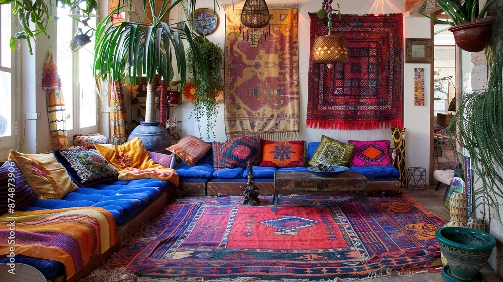 Bohemian Living Room: Eclectic mix of patterns, vibrant colors, and unique decor.
