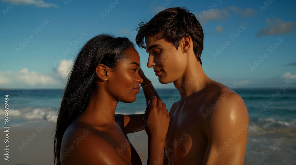 Romantic couple embracing on a sunny tropical beach, sharing an intimate moment. Romantic couple embracing on a sunny tropical beach, sharing an intimate moment.