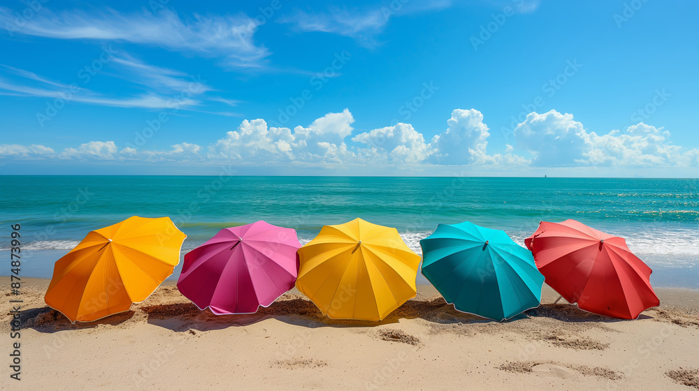 Vibrant beach umbrellas on a sandy beach with a calm ocean and bright blue sky. Concept of leisure, tropical getaway, and seaside tranquility Vibrant beach umbrellas on a sandy beach with a calm ocean and bright blue sky. Concept of leisure, tropical getaway, and seaside tranquility