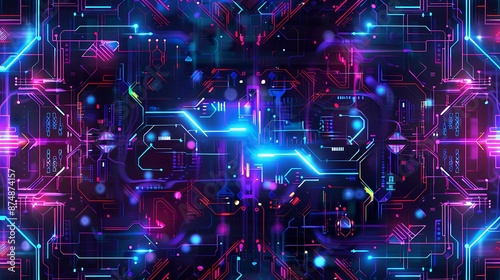 Seamless pattern background with a futuristic cyberpunk vibe. Neon lights, circuitry pattern