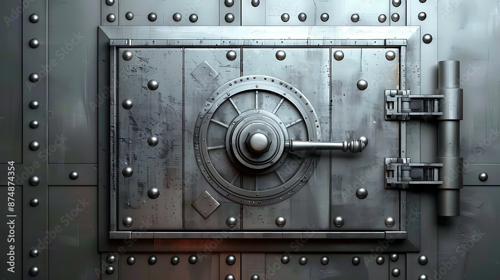 Metallic safe door, representing security and protection. A solid steel vault for banking and storage Metallic safe door, representing security and protection. A solid steel vault for banking and storage