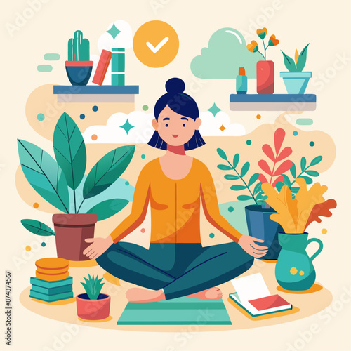 Home Yoga Practice with Plants and Wellness Icons