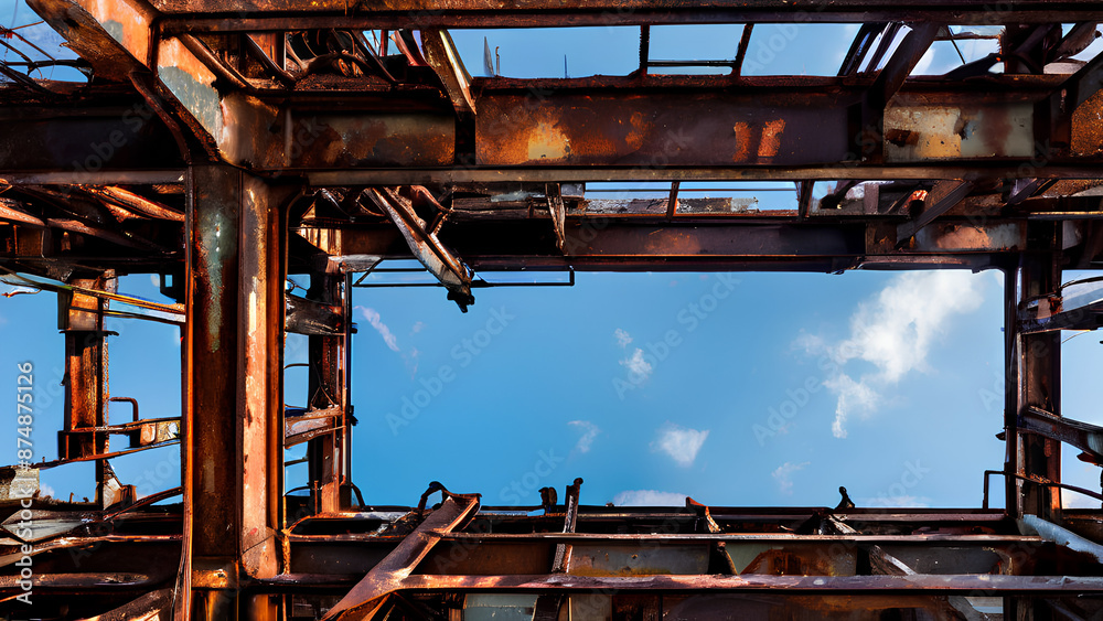 Naklejka premium Abandoned industry! A crumbling factory with rusty beams and shattered windows tells a story of forgotten times.