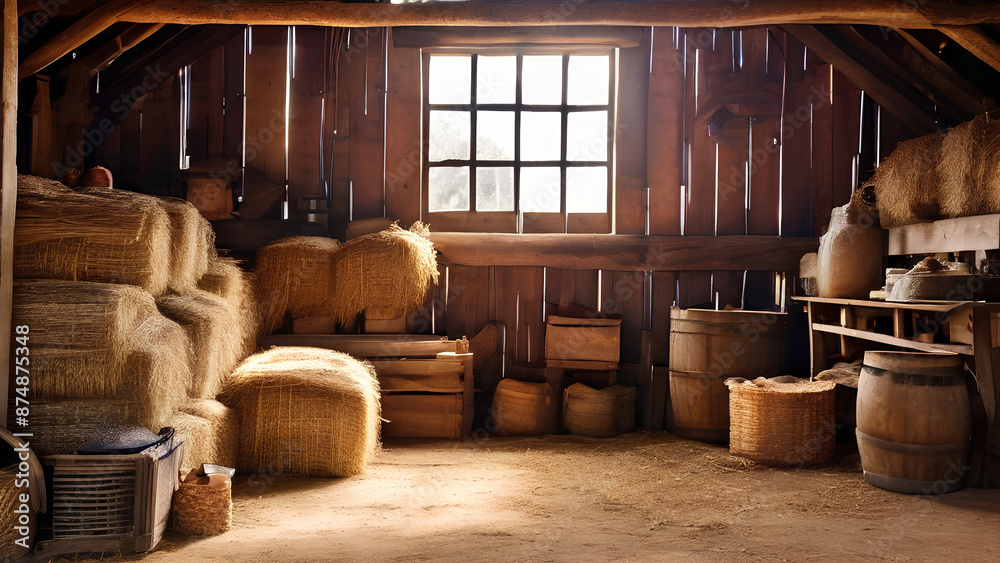Timeless farm life! This rustic barn is filled with weathered wooden beams, vintage tools, and hay bales waiting for use Timeless farm life! This rustic barn is filled with weathered wooden beams, vintage tools, and hay bales waiting for use
