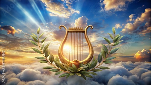 Golden lyre and scroll surrounded by laurel wreath and olive branches on a Mount Olympus-inspired background with subtle clouds. photo