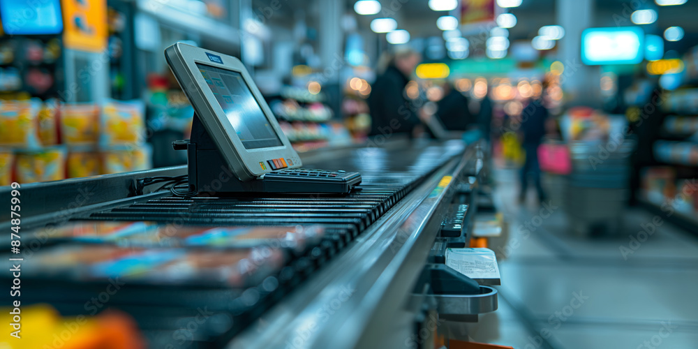 Obraz premium Checkout counter in a supermarket with a point-of-sale terminal and products on the conveyor belt, busy shopping environment. Concept of retail, commerce, and consumer activity