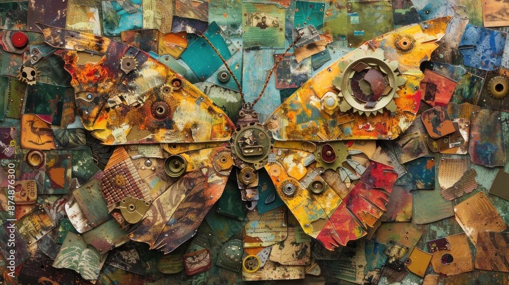 Naklejka premium A Rusty Mechanical Butterfly Collage