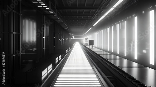Futuristic illuminated corridor with bright light panels and industrial design, creating a sci-fi atmosphere in monochrome shades.