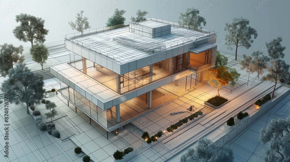 Modern architectural building with glass and trees Modern architectural building with glass and trees