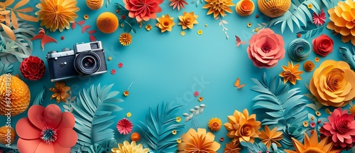 Festive Camera, Illustrate a photographer with a camera, capturing the lively Onam festivities. Paper Art, birds-eye view