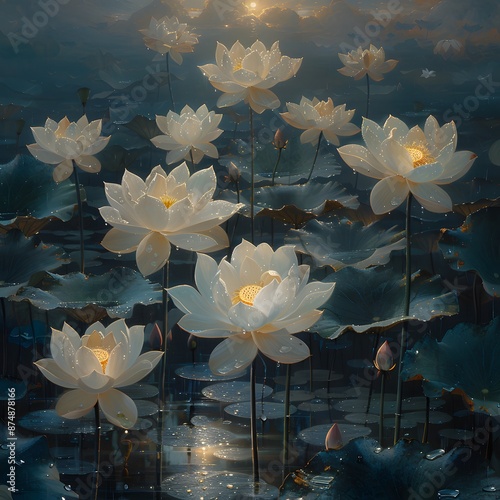 Memories of Pure Darkness, In a haunted lotus pond, pure lotus flowers reveal dark memories of friendships turned sour. Modern art, nature light