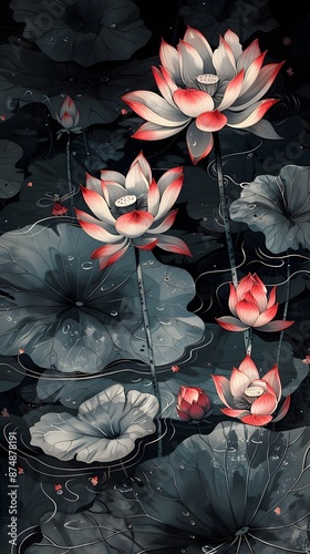 Gifts of the Dark Bloom, In a haunted pond, lotus flowers bloom ominously, each one revealing cursed gifts exchanged by friends. Doodle art, clean environment