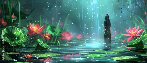Laughter of Pure Darkness, In a haunted lotus pond, pure flowers release eerie laughter, haunting friends who visit. 2D Illustrate,