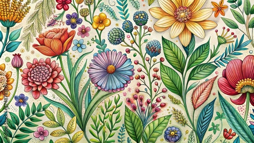 Delicate hand-drawn botanical illustration featuring vibrant flowers and foliage in a whimsical garden setting with intricate line art details.