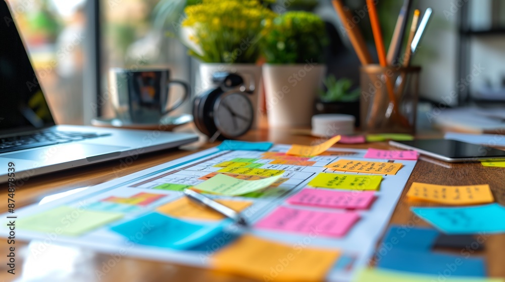 Fototapeta premium Desk cluttered with colorful sticky notes, pencils, and a coffee cup. Reflects brainstorming, creative planning, and productivity