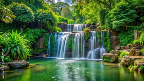 Serene waterfall surrounded by lush greenery in the park, waterfall, park, nature, serenity, peaceful, tranquil, outdoor