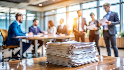 Stack of Papers with Blurred Team Meeting Background. Perfect for: Office Supplies, Business Blogs, Corporate Advertisements, Paperwork Articles