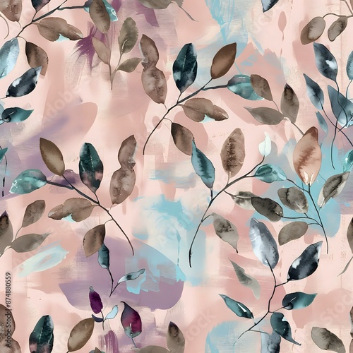 Watercolor leaf and flower pattern with traditional inspiration and intricate details