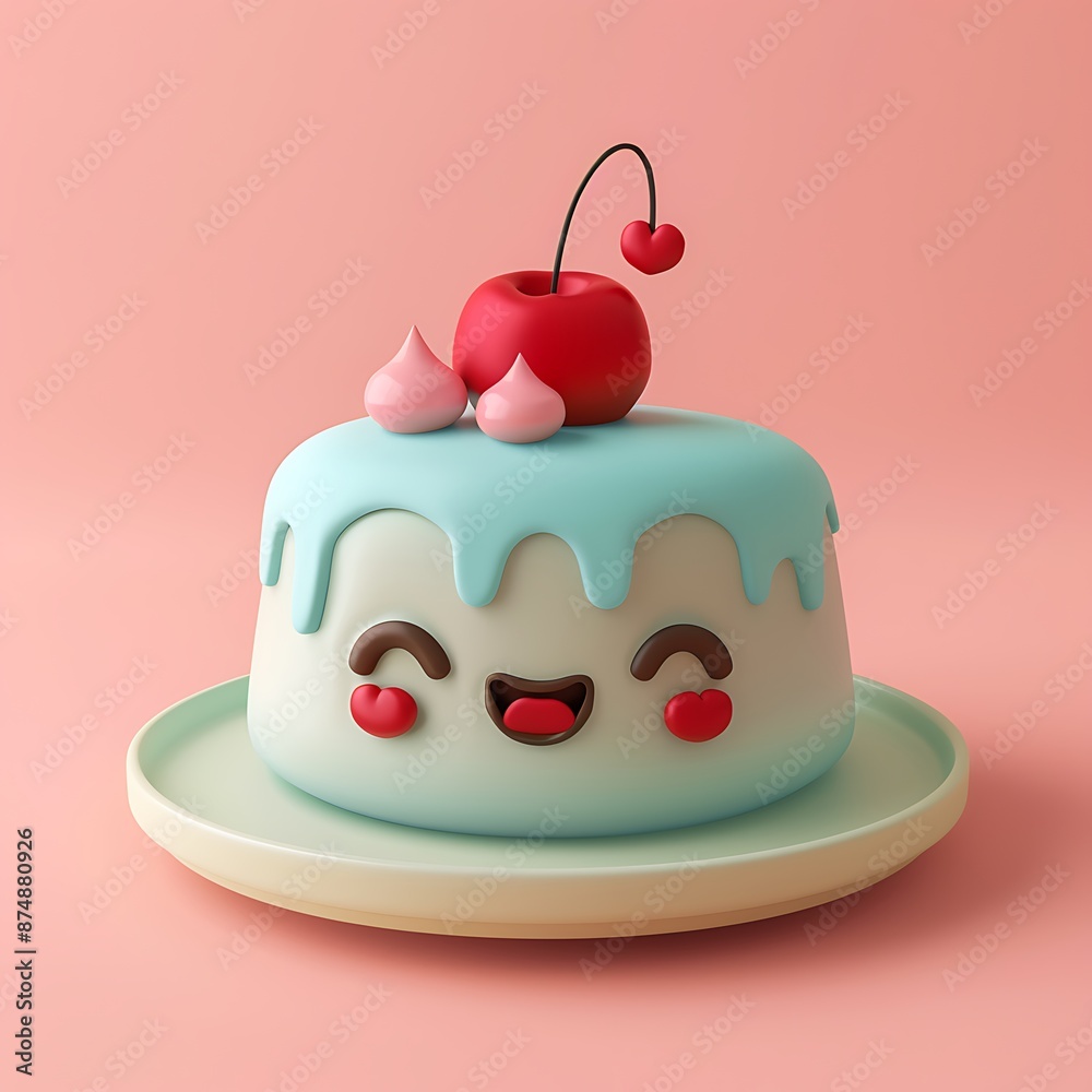 Kawaii 3D Cartoon Cake with Cherry on Top Kawaii 3D Cartoon Cake with Cherry on Top