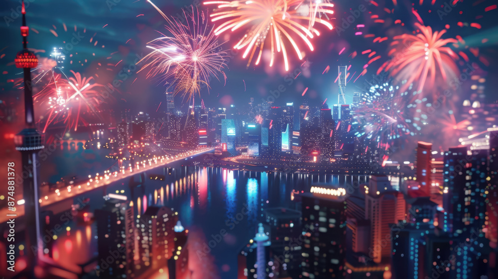 Fototapeta premium Fireworks illuminate the modern metropolis, reflecting in the water surface. The bright lights of skyscrapers and busy streets create an exciting atmosphere of celebration in the big city.