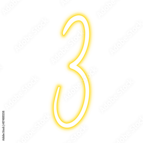 Illustration of neon number. Pink luminous number 3 isolated on transparent background.