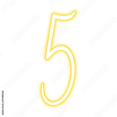 Illustration of neon number. Pink luminous number 5 isolated on transparent background.