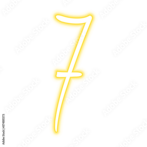 Illustration of neon number. Pink luminous number 7 isolated on transparent background.