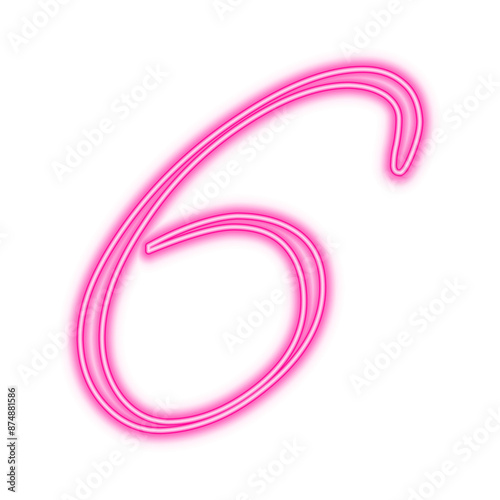 Illustration of neon number. Pink luminous number 6 isolated on transparent background.