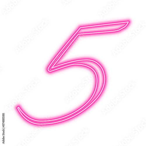 Illustration of neon number. Pink luminous number 5 isolated on transparent background.