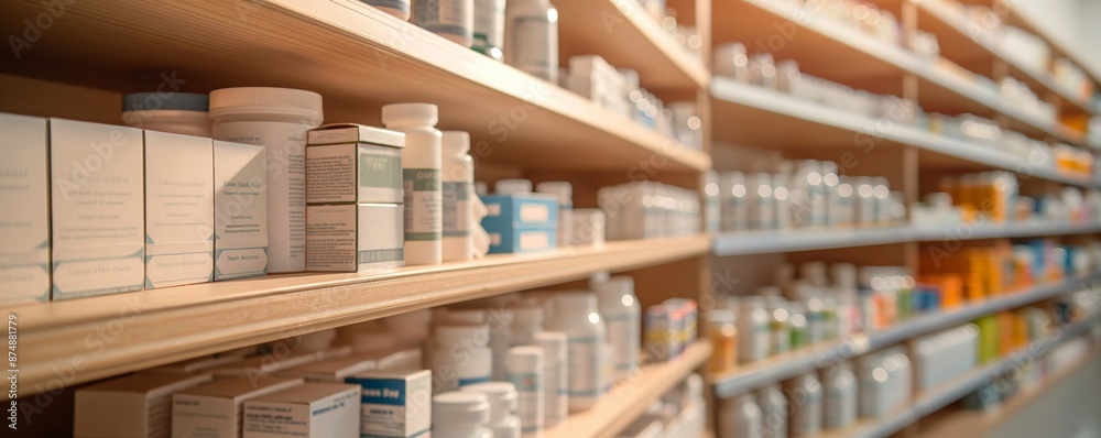 Image of well-organized shelves filled with various pharmaceutical products, including boxes and bottles, in a well-lit pharmacy store or health supply shop setting. Image of well-organized shelves filled with various pharmaceutical products, including boxes and bottles, in a well-lit pharmacy store or health supply shop setting.