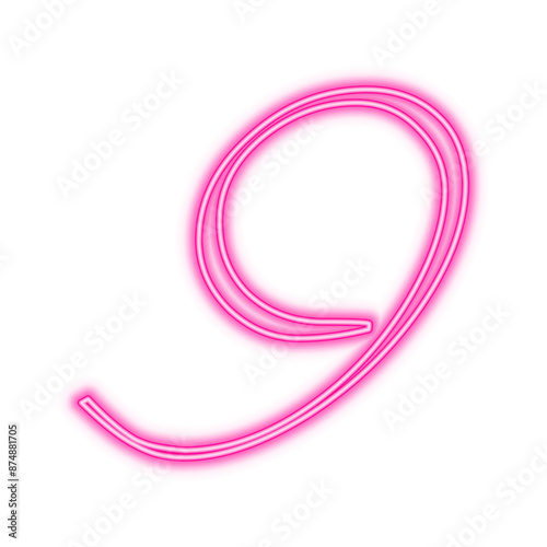 Illustration of neon number. Pink luminous number 9 isolated on transparent background.