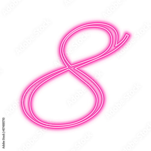 Illustration of neon number. Pink luminous number 8 isolated on transparent background.