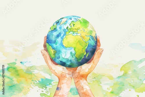 Watercolor World Environment day concept for hand holding globe map with green planet environment illustration background