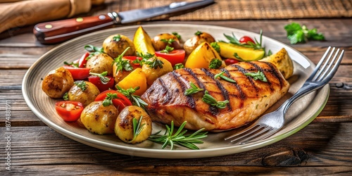 Wallpaper Mural Plate of food with grilled chicken, roasted potatoes, colorful veggies, and a silver fork on a wooden table, food, plate, chicken Torontodigital.ca
