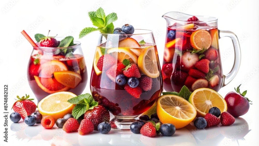 Vibrant red and white wine sangria with fruits and berries, isolated on a pristine white background, perfect for design. Vibrant red and white wine sangria with fruits and berries, isolated on a pristine white background, perfect for design.