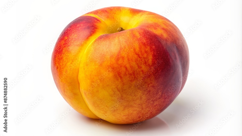 Ripe juicy peach with soft velvety skin and vibrant orange-yellow color isolated on white background with subtle shadow effect. Ripe juicy peach with soft velvety skin and vibrant orange-yellow color isolated on white background with subtle shadow effect.