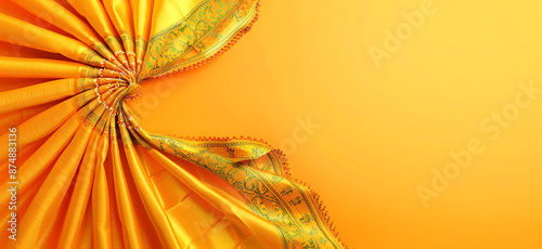 Yellow saree on orange backdrop, Indian wedding theme. Elegant draping against vibrant background, capturing traditional marriage essence with intricate gold trimmings.