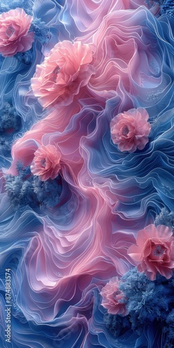 Soft pink and blue flowers set in flowing, fabric-like waves, creating a dreamy and ethereal atmosphere with intricate textures and gentle curves. © AIGC JOE