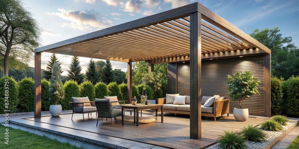 Obraz premium render of a stylish outdoor pergola on a private patio, patio, pergola, outdoor, render, design, architecture, stylish, retreat