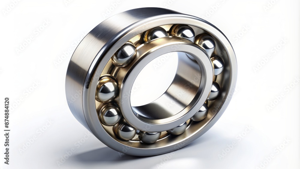 A metallic ball bearing isolated against a pristine white background, showcasing its intricate mechanical details and circular structure. A metallic ball bearing isolated against a pristine white background, showcasing its intricate mechanical details and circular structure.
