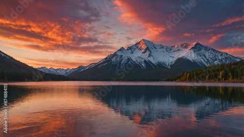 A breathtaking sunset illuminates the sky with vibrant colors, reflecting over a tranquil lake with snow-capped mountains in the background, creating a serene and picturesque landscape. 