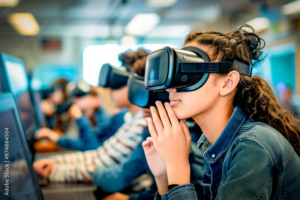 Latina student using virtual reality glasses
in their classes Latina student using virtual reality glasses
in their classes