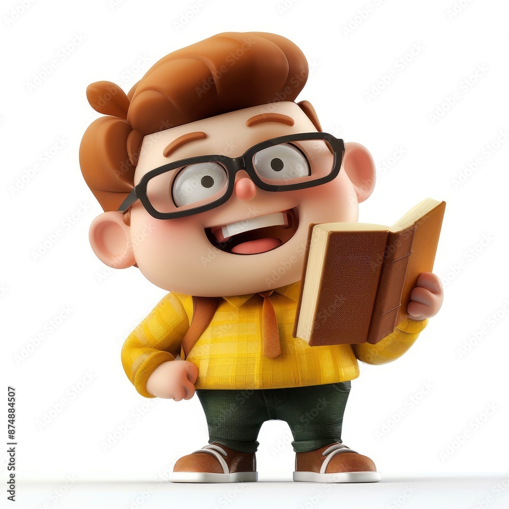 A 3D Illustration Of A Cute Cartoon Character With A Book And Glasses, Studious And Cheerful Pose A 3D Illustration Of A Cute Cartoon Character With A Book And Glasses, Studious And Cheerful Pose
